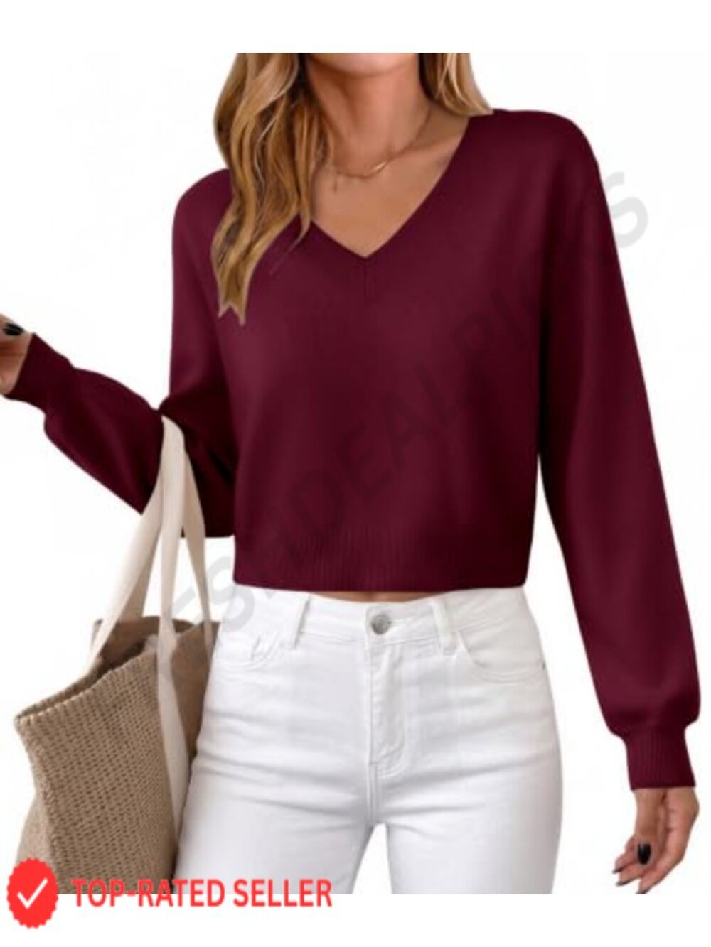 Women Cropped V-Neck Knit Pullover Sweater Long Lantern Sleeve